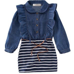 Blue Little Girl Ruffle Denim Striped Mini One-Piece Dress with a Belt